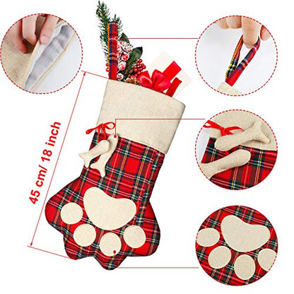 Pet Christmas Stockings 3 Pack Plaid Linen Cotton Pet Paw Design Festive Decor