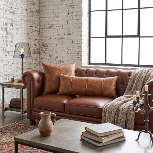 14x36 Faux Leather Lumbar Pillow Cover - Extra Long Body Cushion for Bed & Couch, Hand Stitched Tobacco Brown
