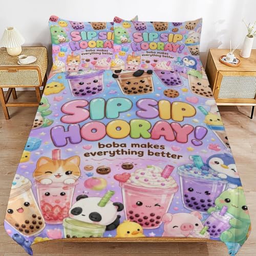 Cute Boba Tea Animals Kawaii Pattern Queen Duvet Cover Set 90x90 with Pillowcases