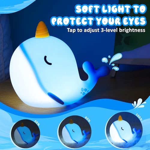 Ammonite Blue Narwhal Night Light - Style B Soft Silicone Nursery Lamp with Dimming & Timer