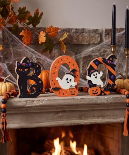 Putuo Decor Halloween BOO Letters Tabletop Decoration - Self-Standing Spooky Sign with Witch-Hat Cat, Ghost & Pumpkin - Orange, Black, Purple & White - Variation: BOO Letter