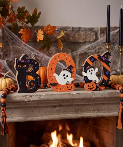 Putuo Decor Halloween BOO Letters Tabletop Decoration - Self-Standing Spooky Sign with Witch-Hat Cat, Ghost & Pumpkin - Orange, Black, Purple & White - Variation: BOO Letter