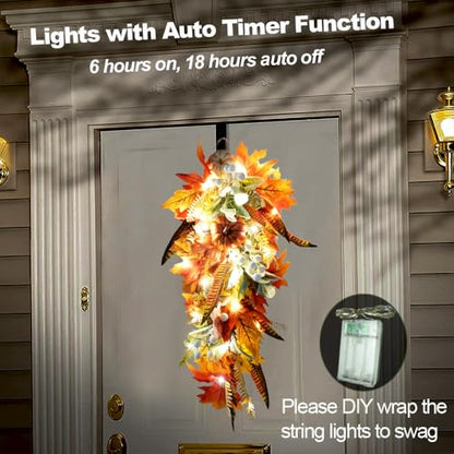 Pre-Lit Fall Teardrop Swag Wreath for Front Door - Autumn Halloween Decor
