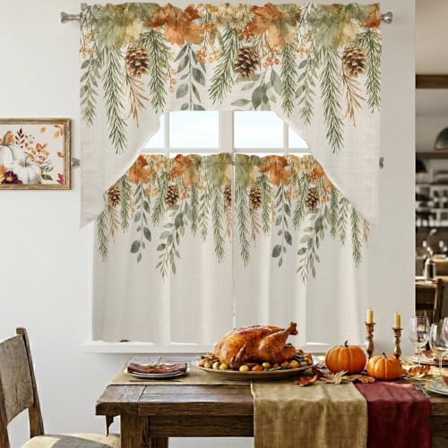 Fall Leaf Swag Kitchen Curtains Set - Beige, Sage Green, Cinnamon, Flax - 3 Pieces