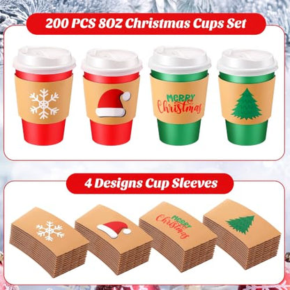 Christmas Coffee Cup Set 8 oz with Lids & Sleeves - Red & Green, 200 Count