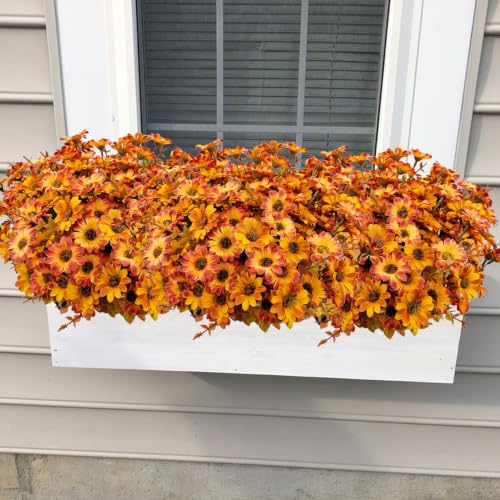 Artificial Mums Flowers for Outdoor & Indoor Decor - Orange Yellow, 12 Bundles