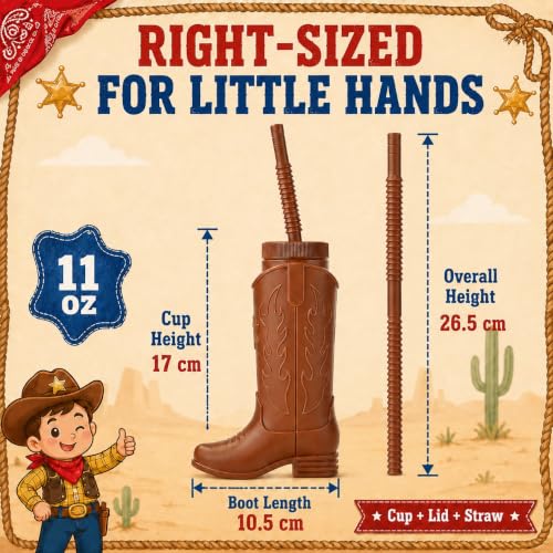 Brown Cowboy Boot Cups with Lids & Straws - 11oz Western Party Set - 12 Pack
