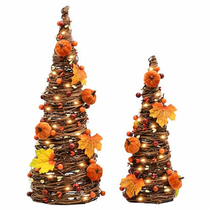 Orange Lighted Thanksgiving Table Tree Decor with Pumpkin and LED Lights