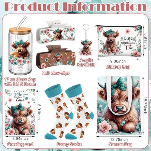 Blue-Green Highland Cow Gift Set with Mug Socks Keychain Cosmetic Bag