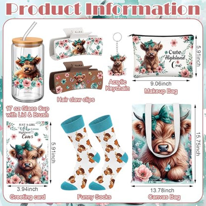 Blue-Green Highland Cow Gift Set with Mug Socks Keychain Cosmetic Bag