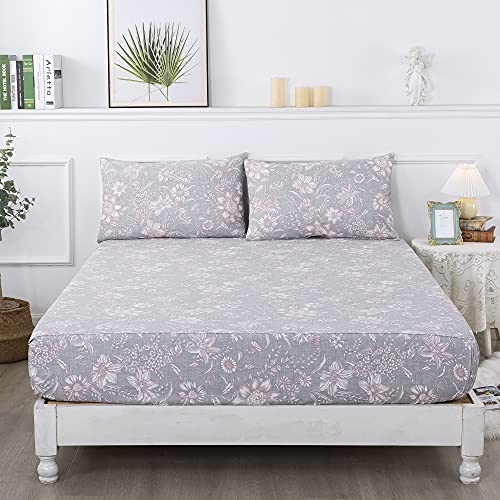 Gray Pink King Sheets Set - Floral 600TC Cotton Bedding with Deep Pockets