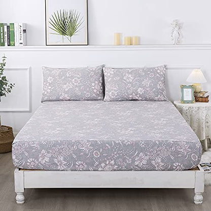 Gray Pink King Sheets Set - Floral 600TC Cotton Bedding with Deep Pockets