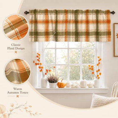Fall Plaid Window Valance Curtains 54x18 Inch - Orange Green Checkered Farmhouse Style
