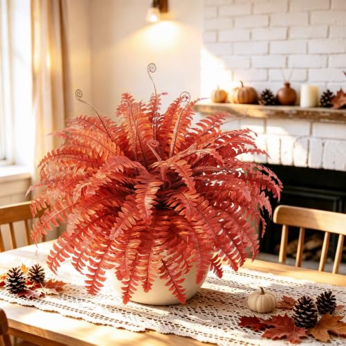 Artificial Ferns Outdoor Fall Decorations - 12pcs Red Fern Stems