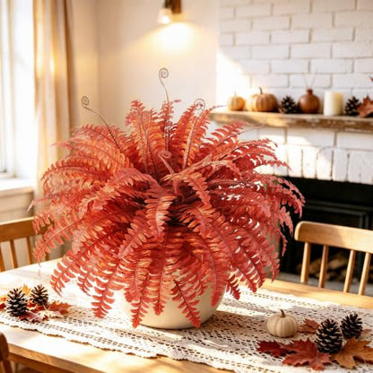 Artificial Ferns Outdoor Fall Decorations - 12pcs Red Fern Stems