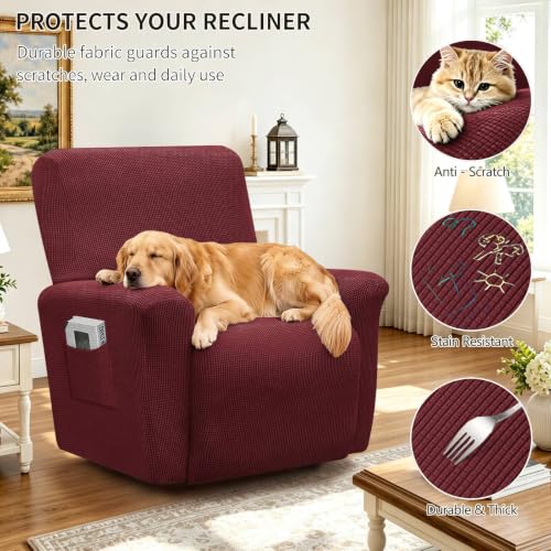 3-Piece Recliner Chair Cover Set with Elastic Bottom & Side Pocket - Washable Furniture Protector for Pets & Kids, Wine Red