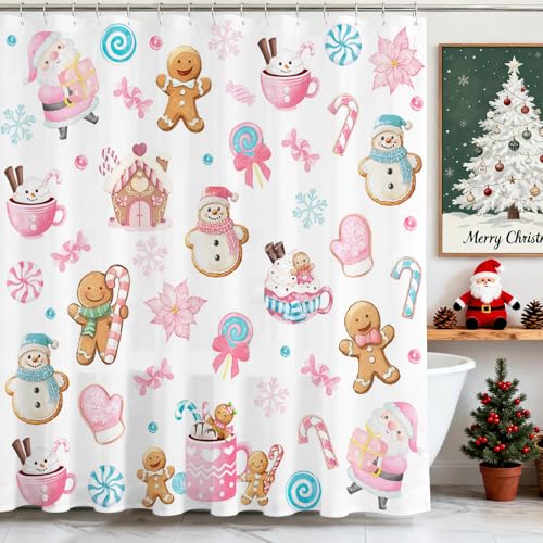 Christmas Shower Curtain 72x72 Inches Snowman Gingerbread Kids Waterproof Fabric Holiday Decor