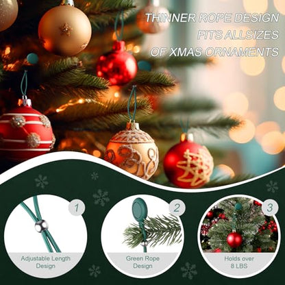 Adjustable Christmas Ornament Hooks - Dark Green, 100 Pcs Non Slip Holiday Decor