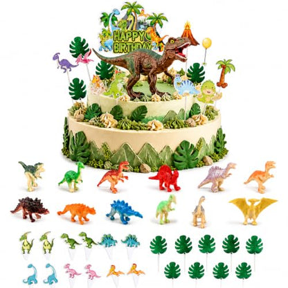 Dinosaur Birthday Cake Topper Set with 3D Figures & Jungle Decor