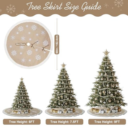 60 Inch Christmas Tree Skirt Burlap with Fur Border Snowflake - Large Holiday Decor