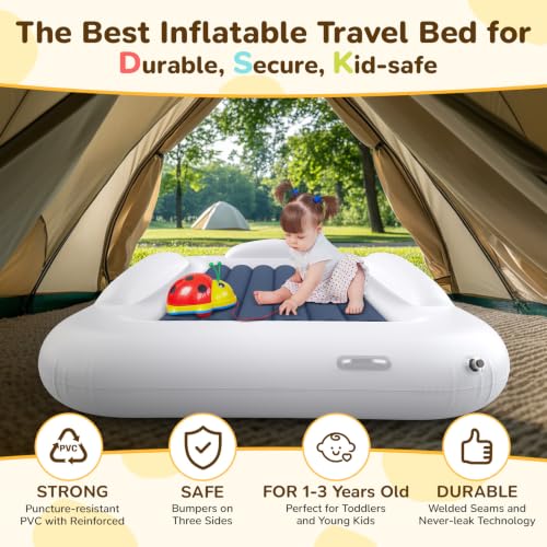 Inflatable Toddler Travel Bed 53 Inch Portable Air Mattress with Safety Rails