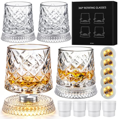 Ice Crackle Pattern Whiskey Glass Set of 4 with LED Light Bases - 9.5 oz, Includes Ice Ball Molds