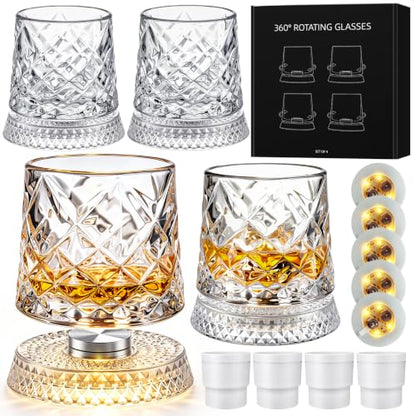 Ice Crackle Pattern Whiskey Glass Set of 4 with LED Light Bases - 9.5 oz, Includes Ice Ball Molds
