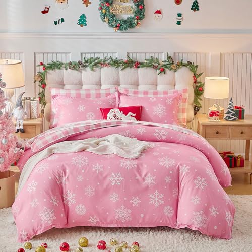 Christmas Bed in a Bag Twin Set with Snowflakes - Pink & White Holiday Bedding