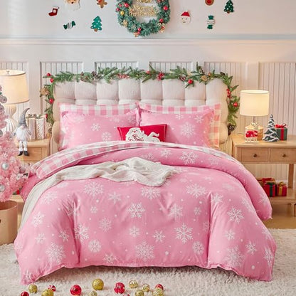 Christmas Bed in a Bag Twin Set with Snowflakes - Pink & White Holiday Bedding