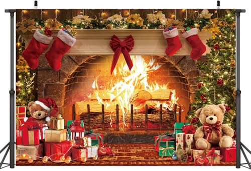 Christmas Fireplace Backdrop 7x5FT Vintage Stocking Xmas Tree Photography Background Brown