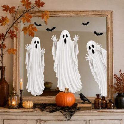 Halloween Ghost Window Clings - Large Mirror Decals with Bats - Holiday Variation