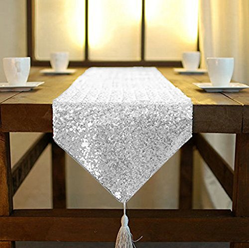 Silver Sequin Tassel Table Runner - 12x72 Inches Wedding Party Decor