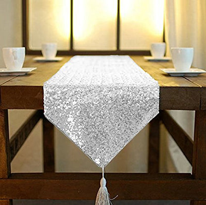 Silver Sequin Tassel Table Runner - 12x72 Inches Wedding Party Decor