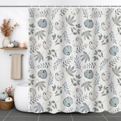 Blue White Pumpkin Shower Curtain - Fall Farmhouse Bathroom Decor 72x72 Inch with Hooks