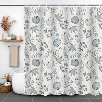 Blue White Pumpkin Shower Curtain - Fall Farmhouse Bathroom Decor 72x72 Inch with Hooks