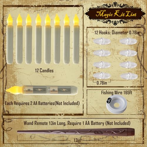 Homemory Floating Candles with Wand Remote, 12 Pcs Magical Floating Candles Witch Decors, Warm Yellow Flameless Taper Candles Battery Operated, LED Window Candles for Halloween Party Decor Kids Toys