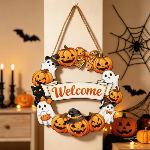 Halloween Wreath Door Decor with Pumpkin and Ghost - Fall Front Door Hanging