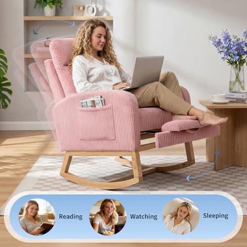 Pink Nursery Rocking Chair Glider with Footrest & Side Pockets – High Backrest, Solid Wood Legs
