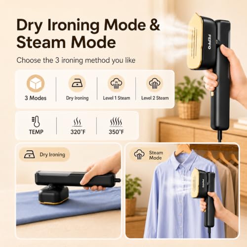 FEPPO Travel Steamer for Clothes Black-Gold Dual Voltage Handheld 2-in-1