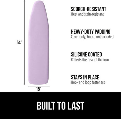 GORILLA GRIP The Original Ironing Board Cover and Pad, Silicone Coating, 400°F Scorch Resistant Thick Padding, Heavy Duty Iron Covers Standard Boards, Hook and Loop Fastener Strap, Light Purple 15x54