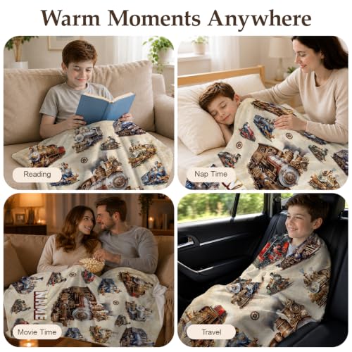 Personalized Boys Train Blanket - Brown Flannel Kids Throw