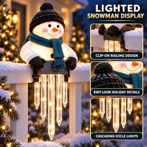 2-Pack Lighted Snowman Railing Decor with Icicle Lights - Winter Holiday