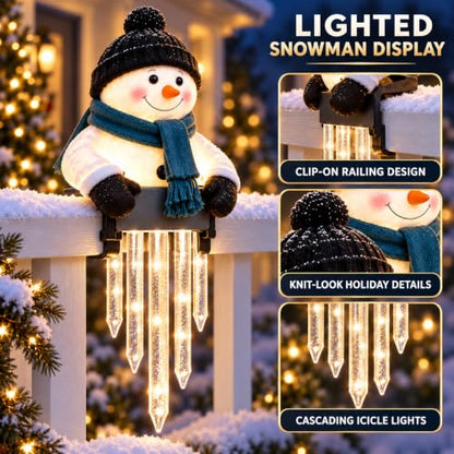 2-Pack Lighted Snowman Railing Decor with Icicle Lights - Winter Holiday