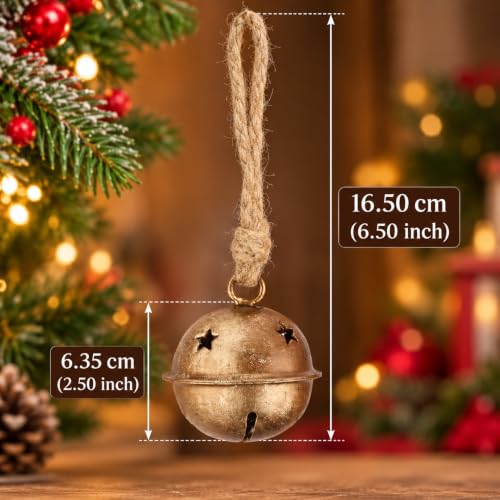 Gold Sleigh Bells for Christmas Decorations - 5 Pcs Brass Finish Rustic Ornaments with Jute Rope