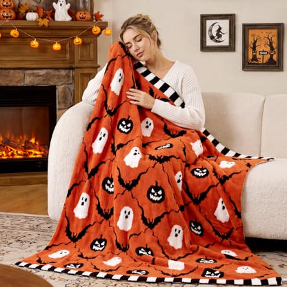 Halloween Orange Pumpkin Bat Plaid Throw Blanket - 50x60 Inches, Ultra Soft & Cozy