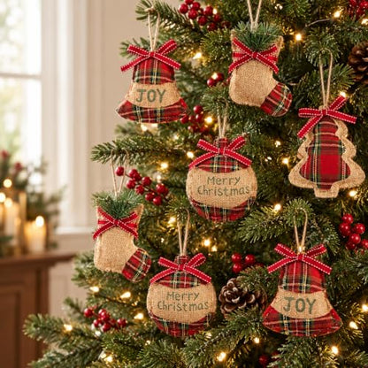 16 Pcs Rustic Burlap and Red Buffalo Plaid Christmas Ornaments Set