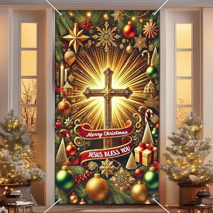 IVN Christmas Golden Cross Door Cover Decoration Banner 71x35 Inch - Holiday Welcome