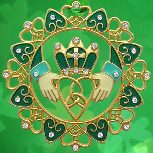 Irish Christmas Ornament - Gold Claddagh with Emerald Jewels & Enamel - Irish Heritage Gift - Variation 1