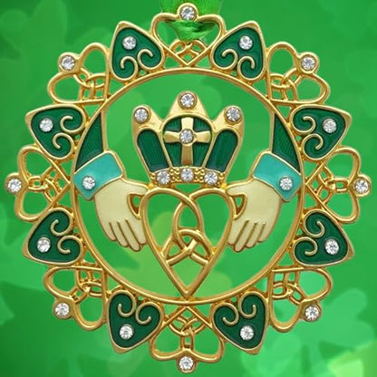 Irish Christmas Ornament - Gold Claddagh with Emerald Jewels & Enamel - Irish Heritage Gift - Variation 1