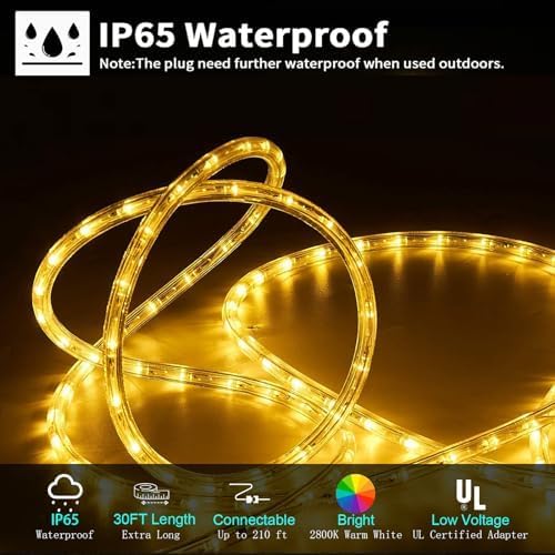 Vigdur LED Rope Lights - 30ft Waterproof Warm White Flexible Tube Lights for Outdoor Garden & Patio | 360 LEDs
